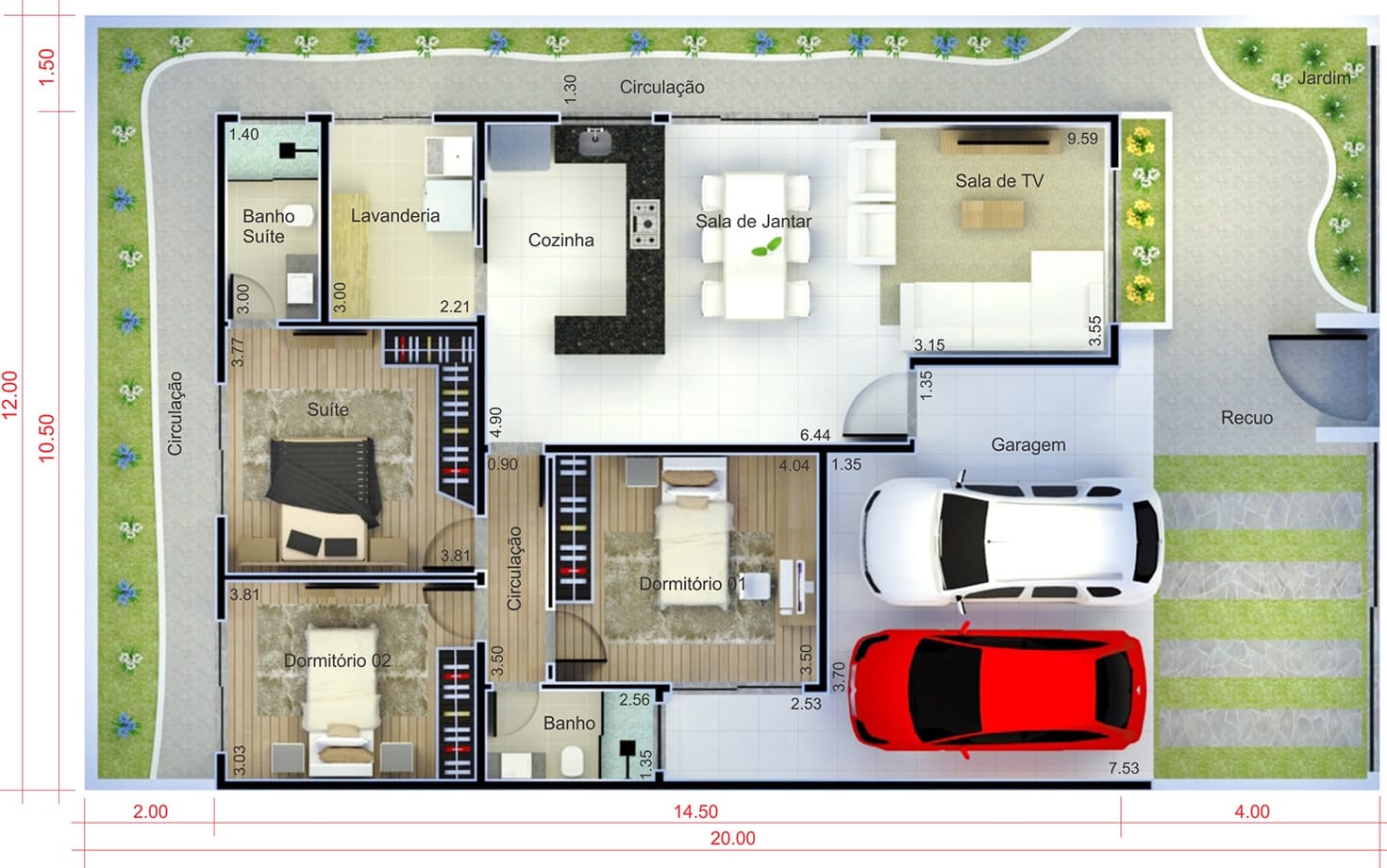 Casa térrea com garagem para dois carros. Planta para terreno 12x20