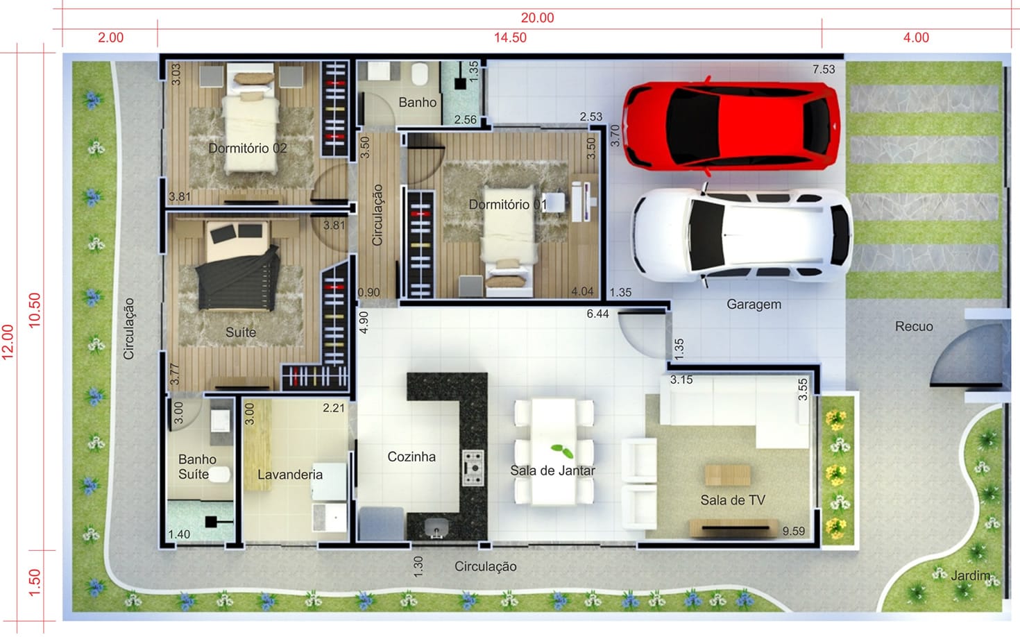 Casa térrea com garagem para dois carros. Planta para terreno 12x20