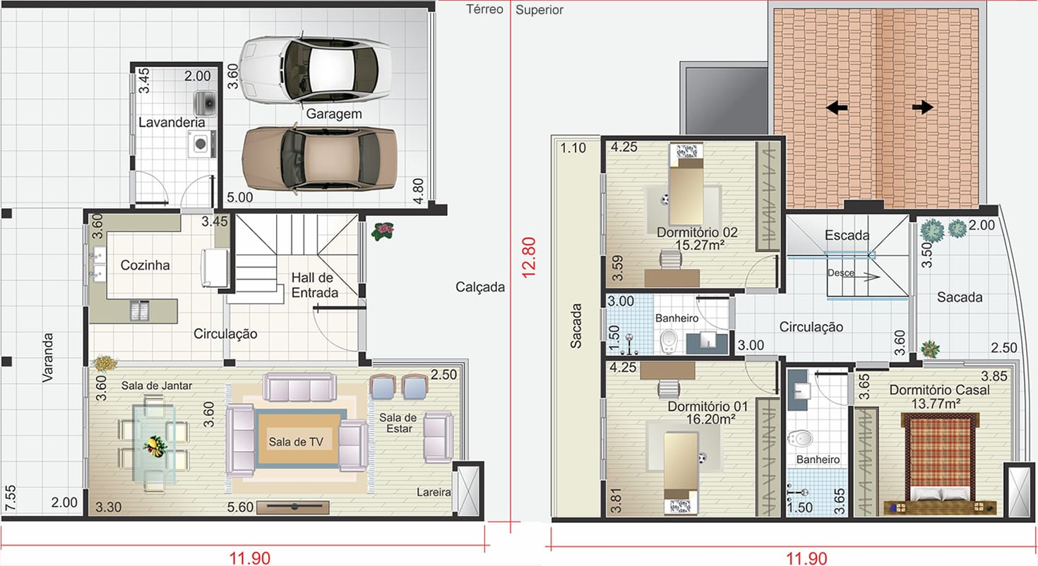 Planta sobrado colonial com lareira. Planta para terreno 12.80x25