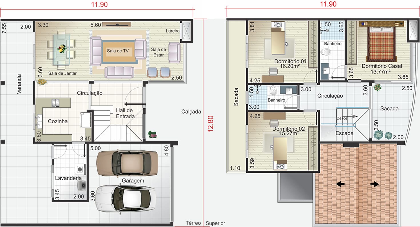 Planta sobrado colonial com lareira. Planta para terreno 12.80x25