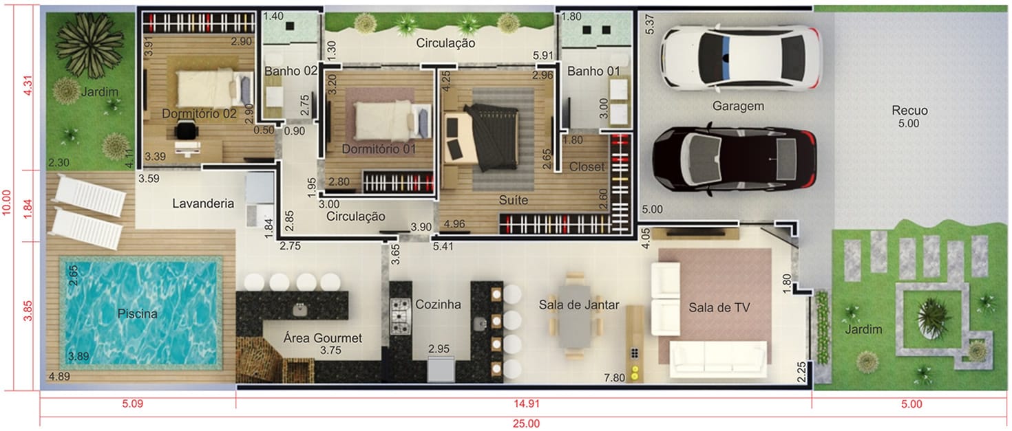 Planta de casa com fachada de tijolinho. Planta para terreno 10x25