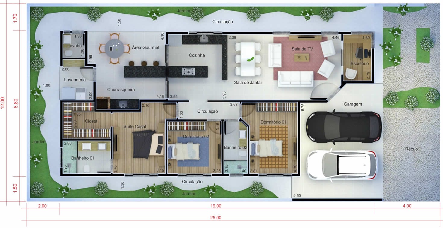 Planta de casa com telhado aparente. Planta para terreno 12x25