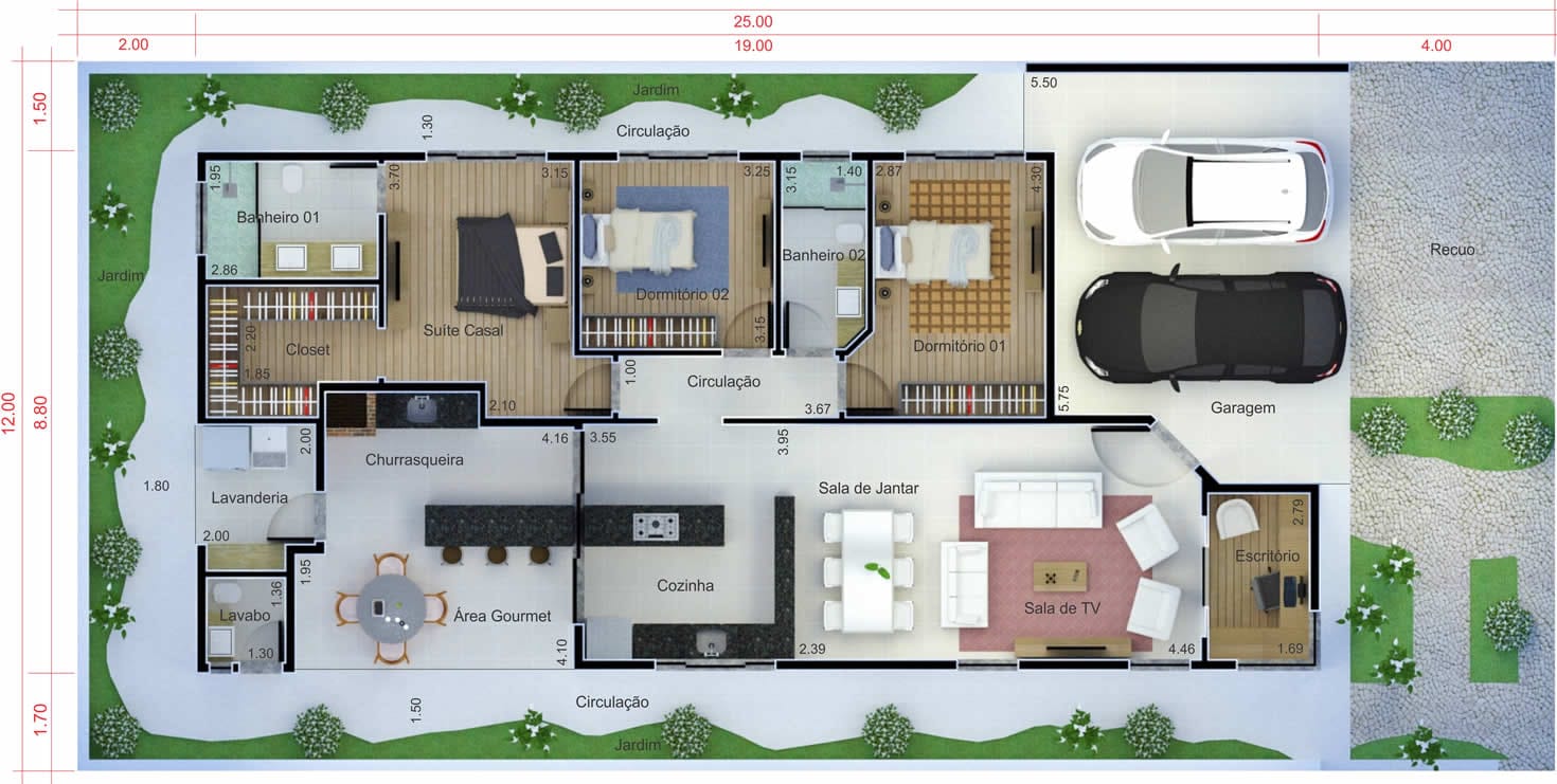 Planta de casa com telhado aparente. Planta para terreno 12x25