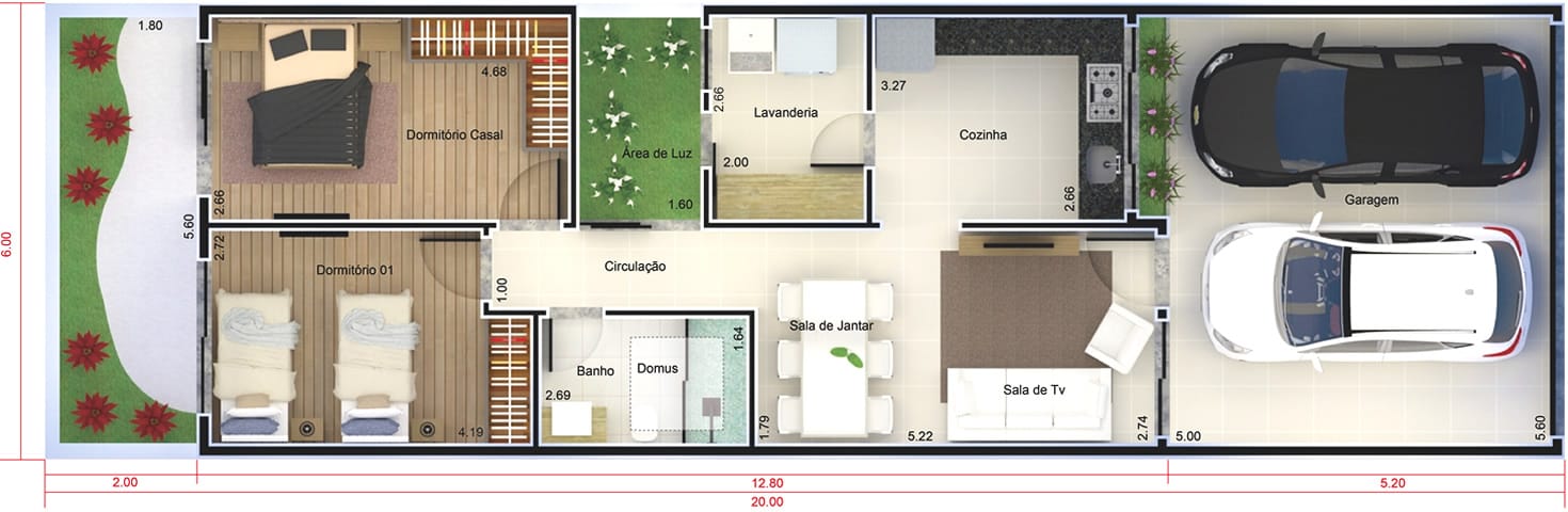 Planta de casa pequena e moderna. Planta para terreno 6x20