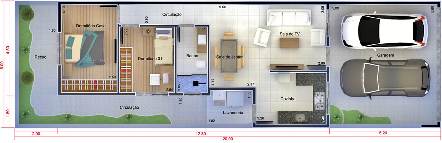 Planta de casa com portão fechado. Planta para terreno 6x20