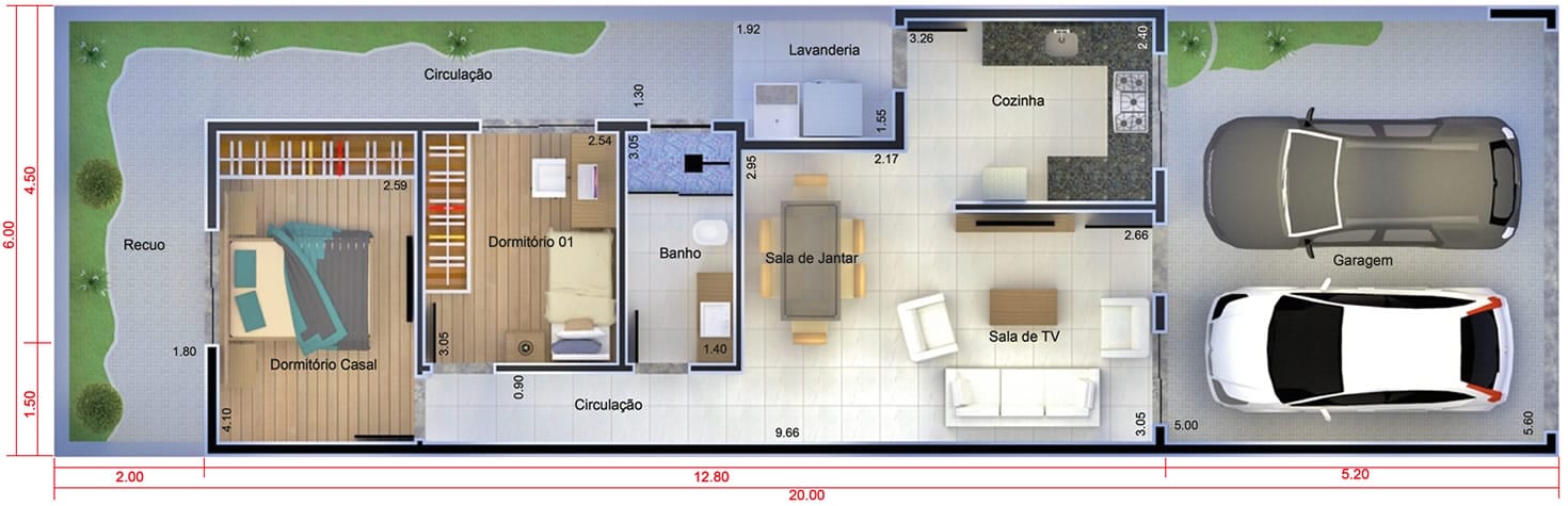 Planta de casa com portão fechado. Planta para terreno 6x20