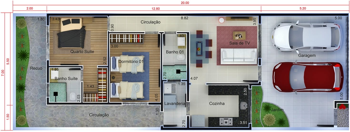 Planta de casa para terreno de 7x20 metros. Planta para terreno 7x20