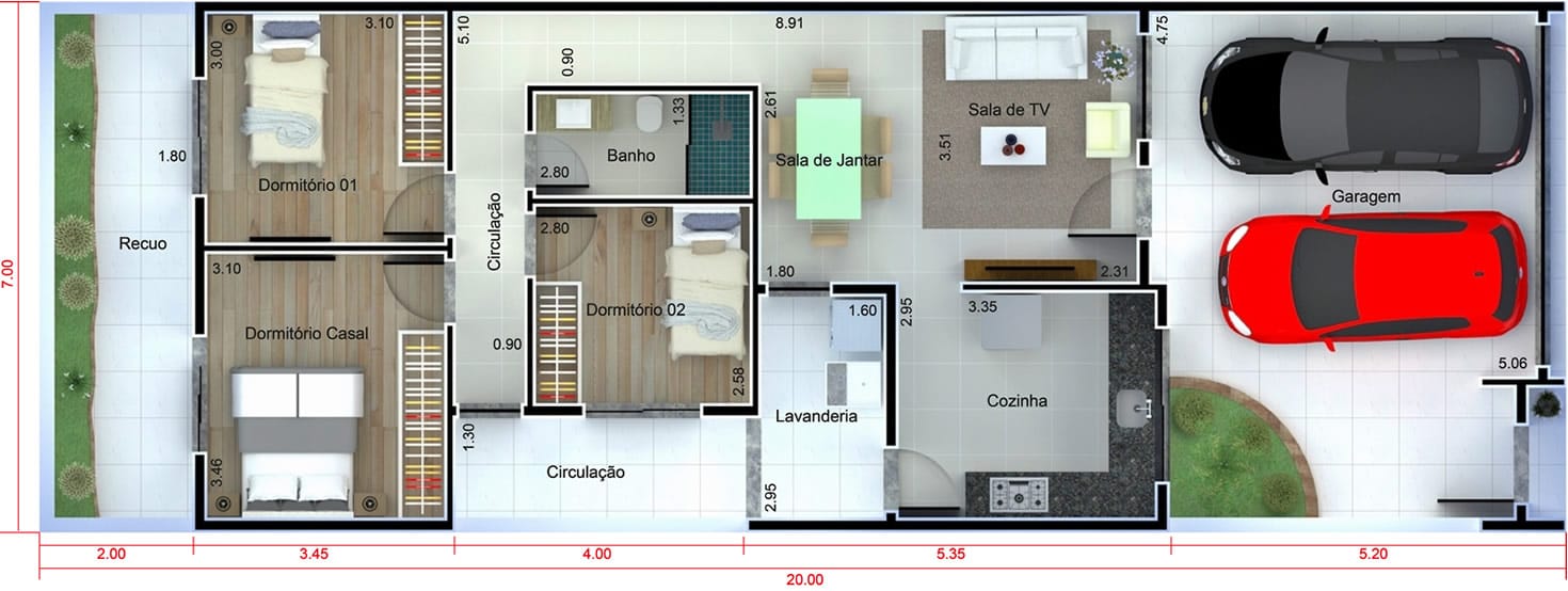 Planta de casa com fachada preto e branco. Planta para terreno 7x20