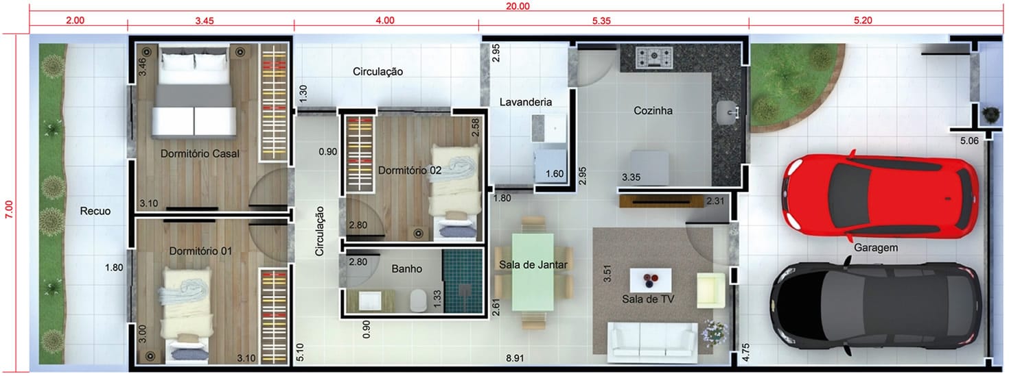 Planta de casa com fachada preto e branco. Planta para terreno 7x20