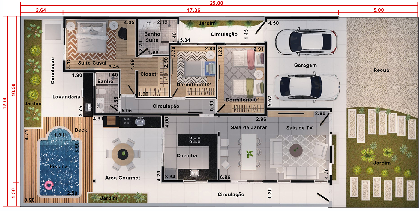 Projeto de casa térrea com 3 quartos. Planta para terreno 12x25