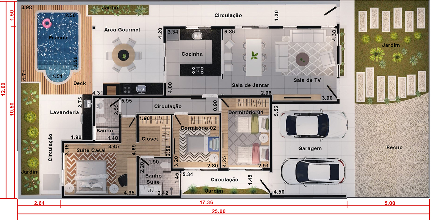 Projeto de casa térrea com 3 quartos. Planta para terreno 12x25