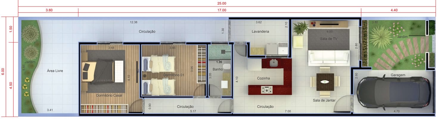 Planta de casa com 2 quartos. Planta para terreno 6x25