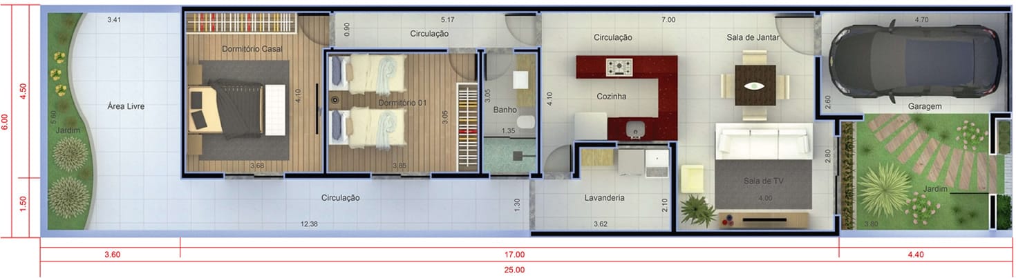 Planta de casa com 2 quartos. Planta para terreno 6x25