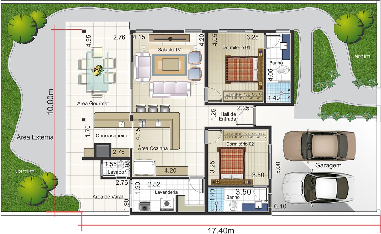 Planta de casa térrea rústica. Planta para terreno 12,50x25