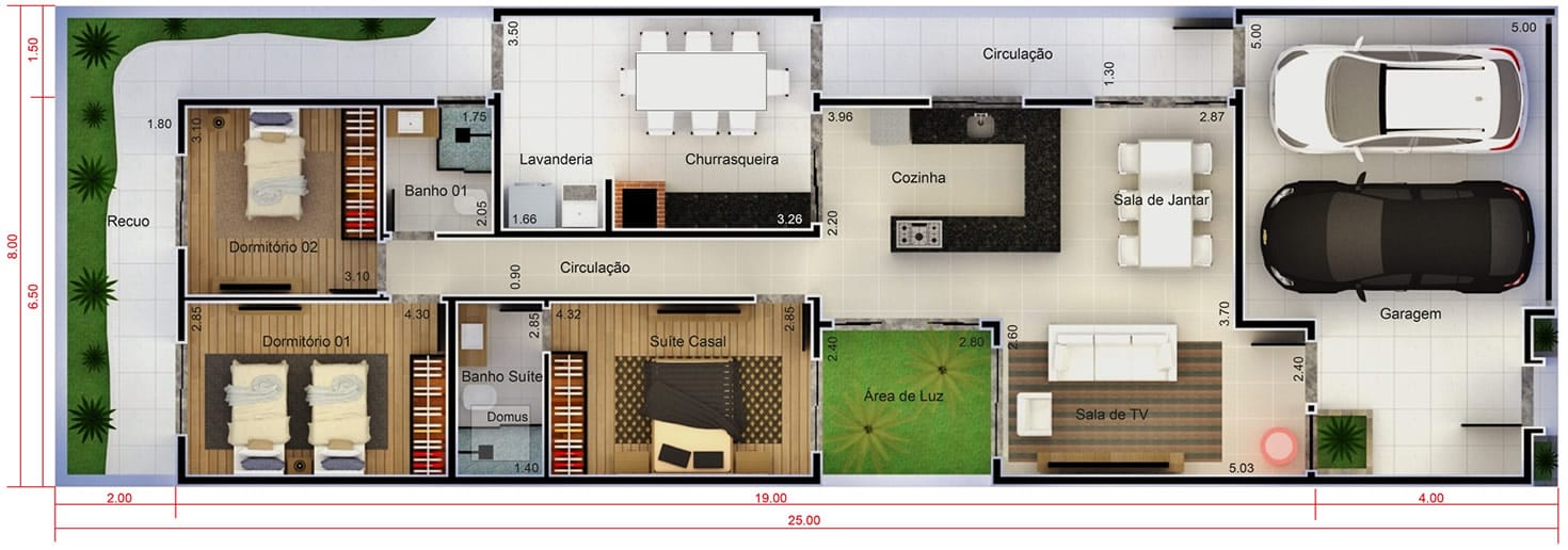 Planta de casa pequena com 3 quartos. Planta para terreno 8x25