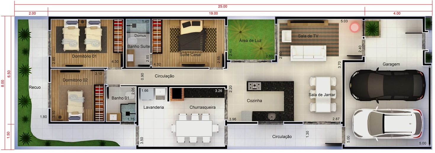 Planta de casa pequena com 3 quartos. Planta para terreno 8x25