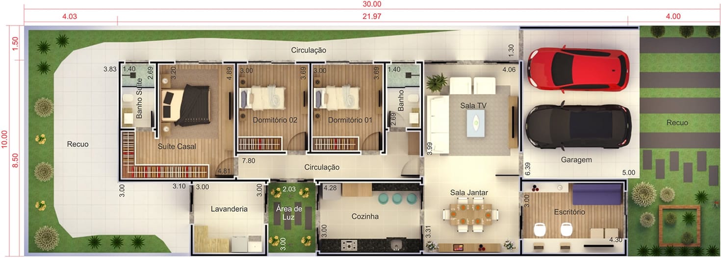 Planta de casa para condomínio. Planta para terreno 10x30