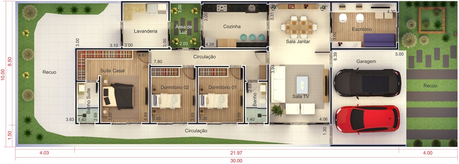 Planta de casa para condomínio. Planta para terreno 10x30