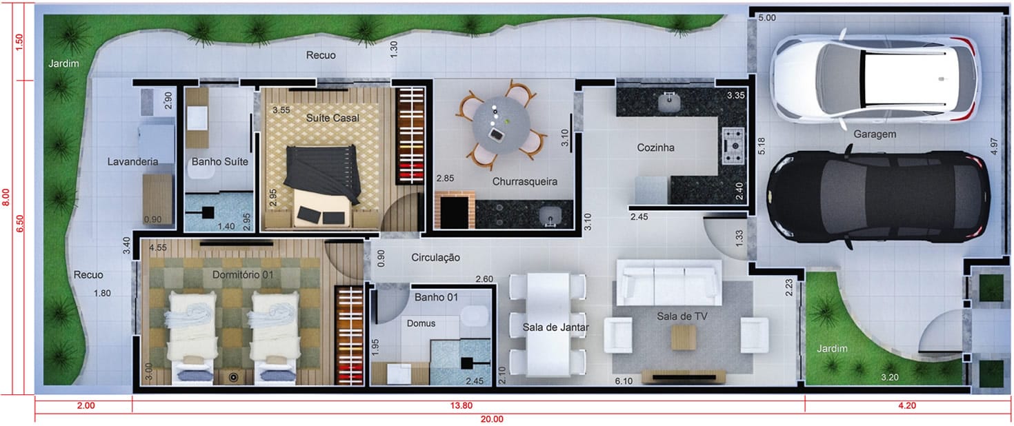 Planta de casa com cozinha na frente. Planta para terreno 8x20