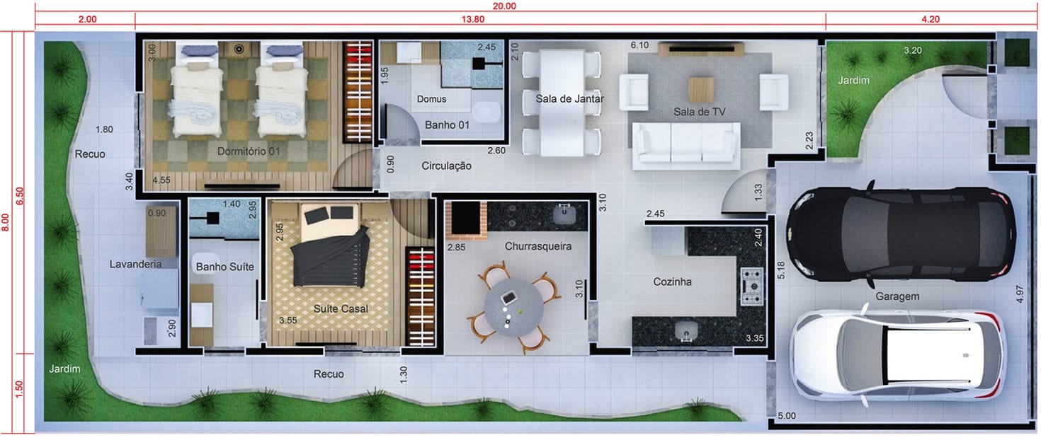 Planta de casa com cozinha na frente. Planta para terreno 8x20