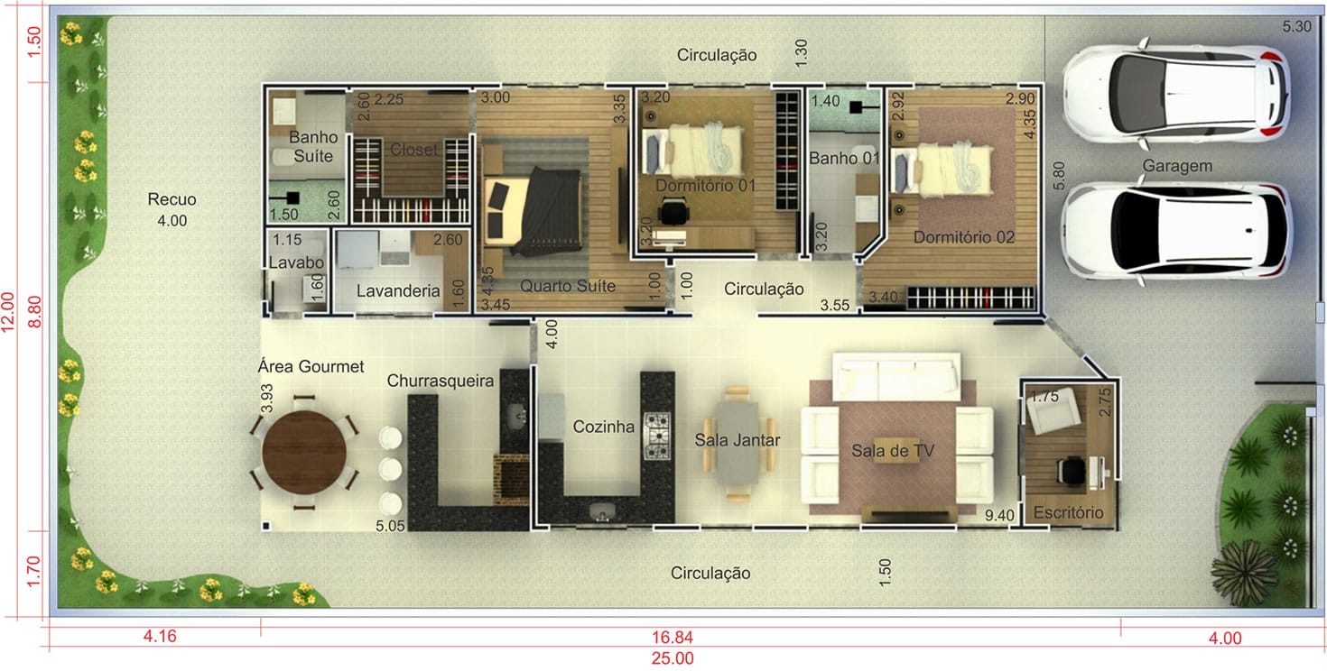 Planta de casa com varanda gourmet. Planta para terreno 12x25