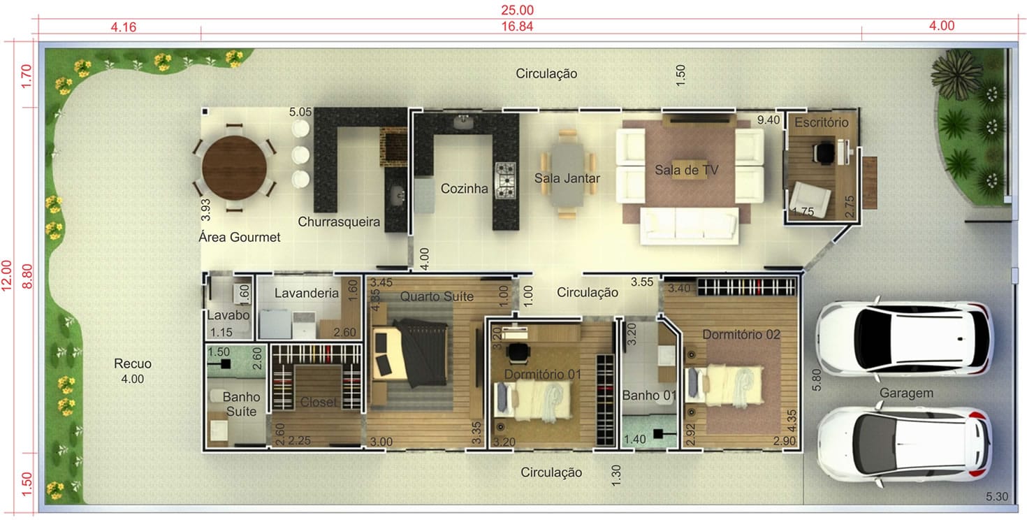 Planta de casa com varanda gourmet. Planta para terreno 12x25