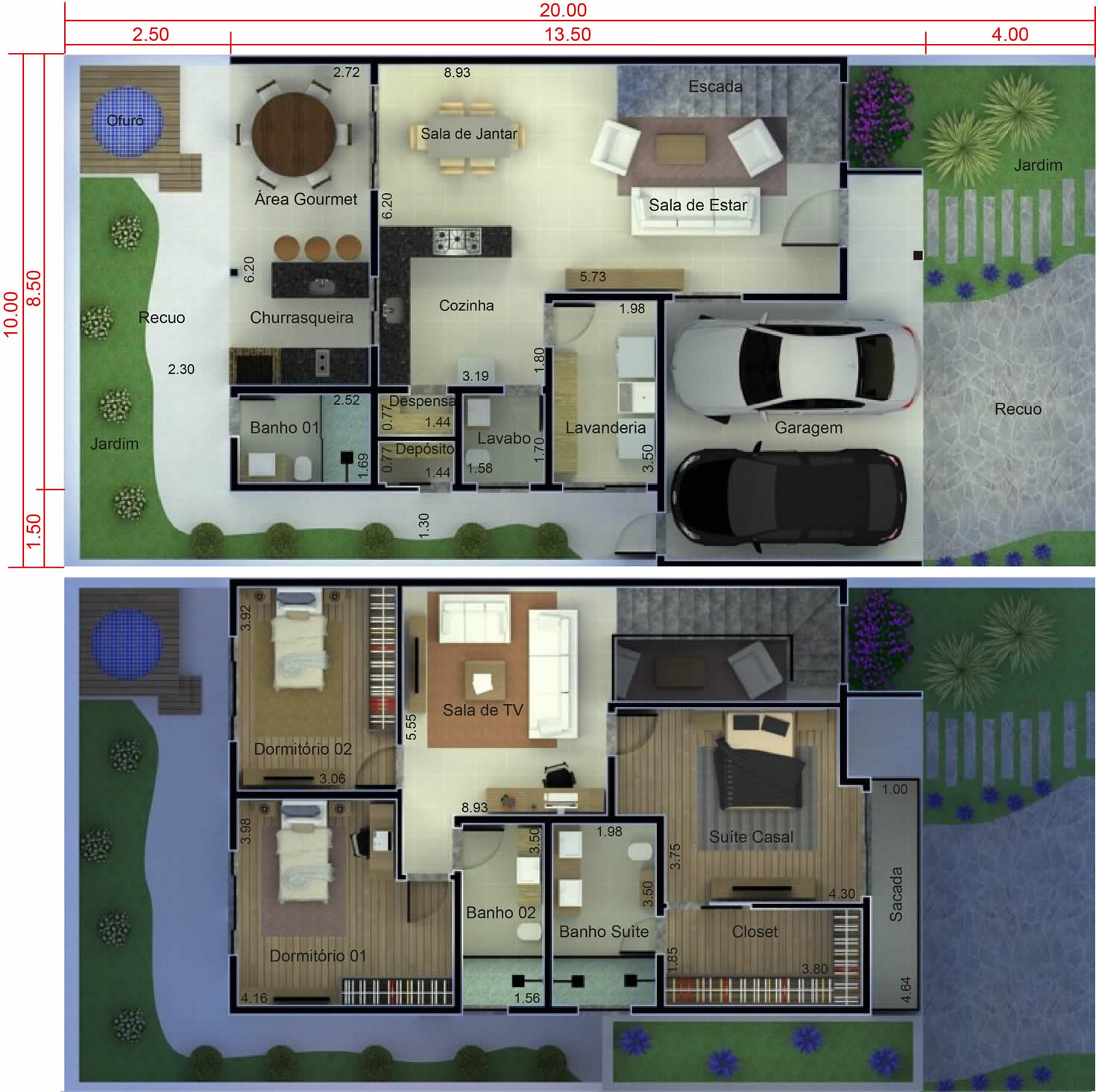 Sobrado com fachada moderna. Planta para terreno 10x20