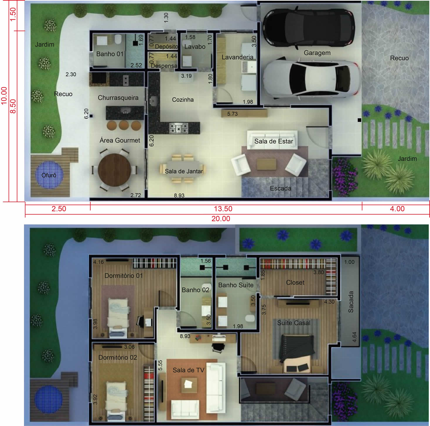 Sobrado com fachada moderna. Planta para terreno 10x20