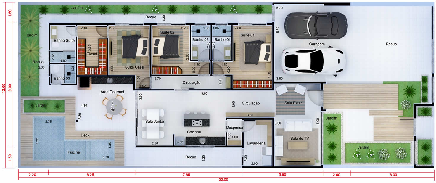 Planta de casa térrea com 3 suítes. Planta para terreno 12x30
