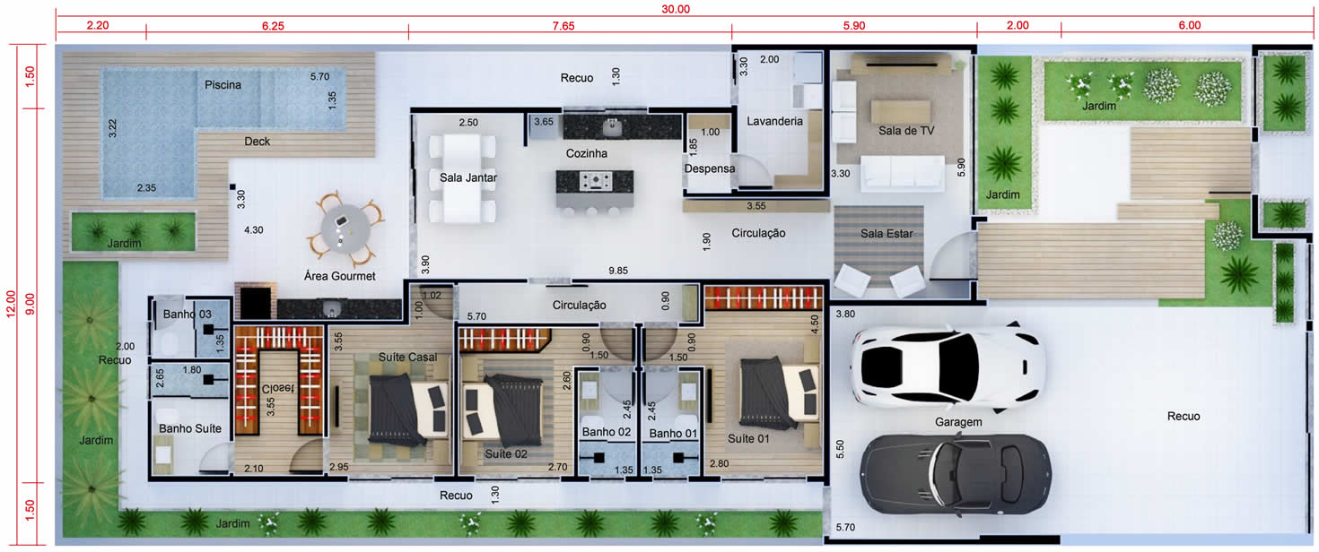 Planta de casa térrea com 3 suítes. Planta para terreno 12x30