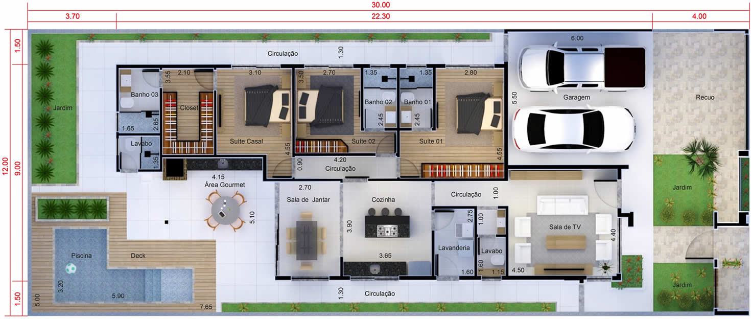 Planta de casa térrea com 3 suítes. Planta para terreno 12x30