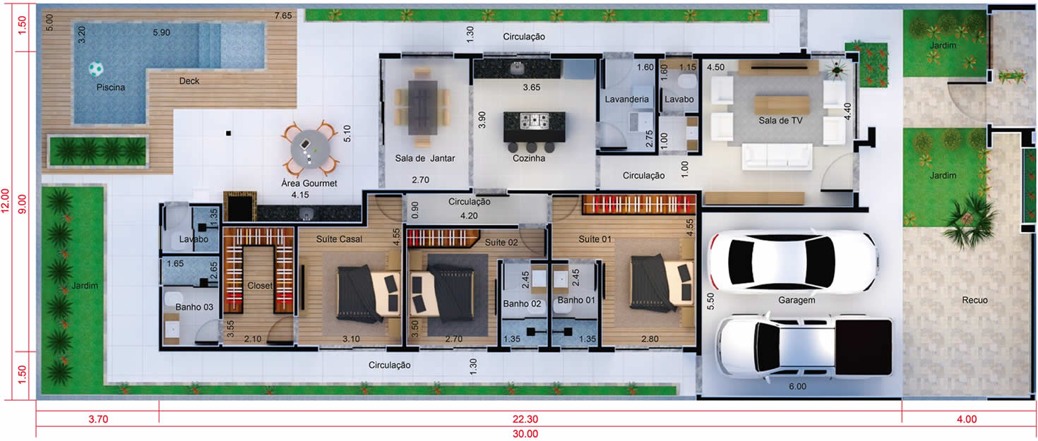 Planta de casa térrea com 3 suítes. Planta para terreno 12x30