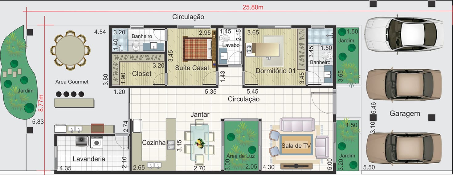 Planta de casa com 3 vagas na garagem. Planta para terreno 10,50x25,80