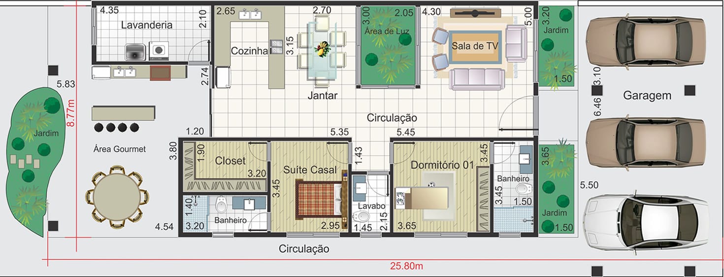 Planta de casa com 3 vagas na garagem. Planta para terreno 10,50x25,80