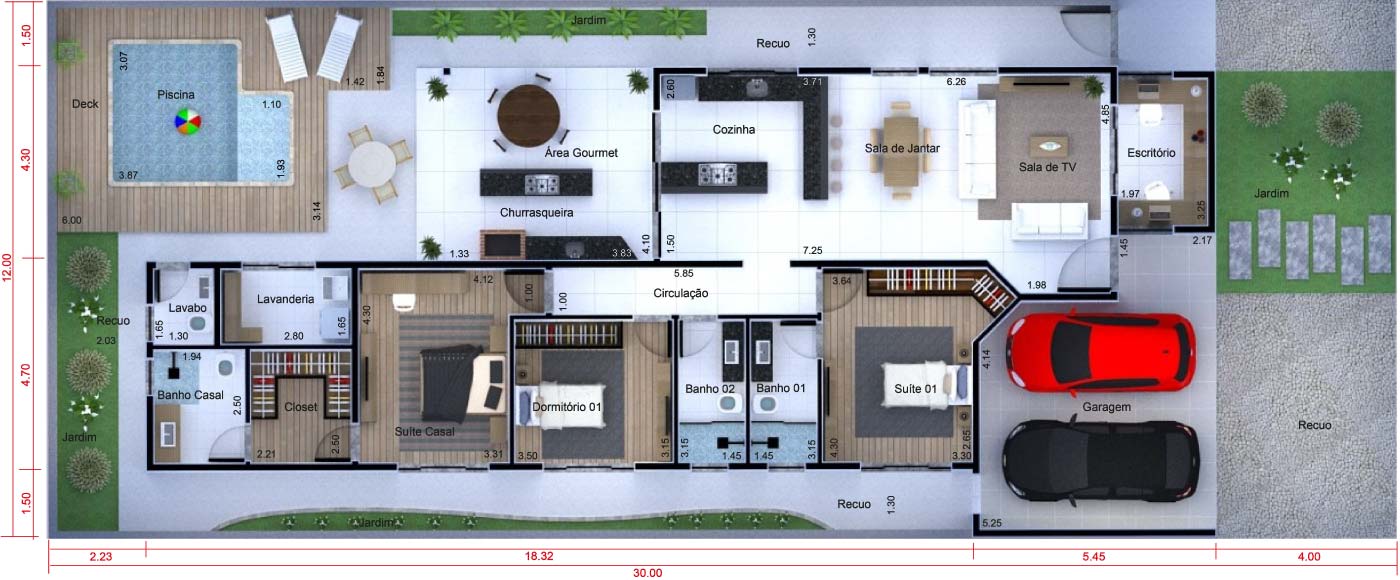 Planta de casa térrea com escritório. Planta para terreno 12x30