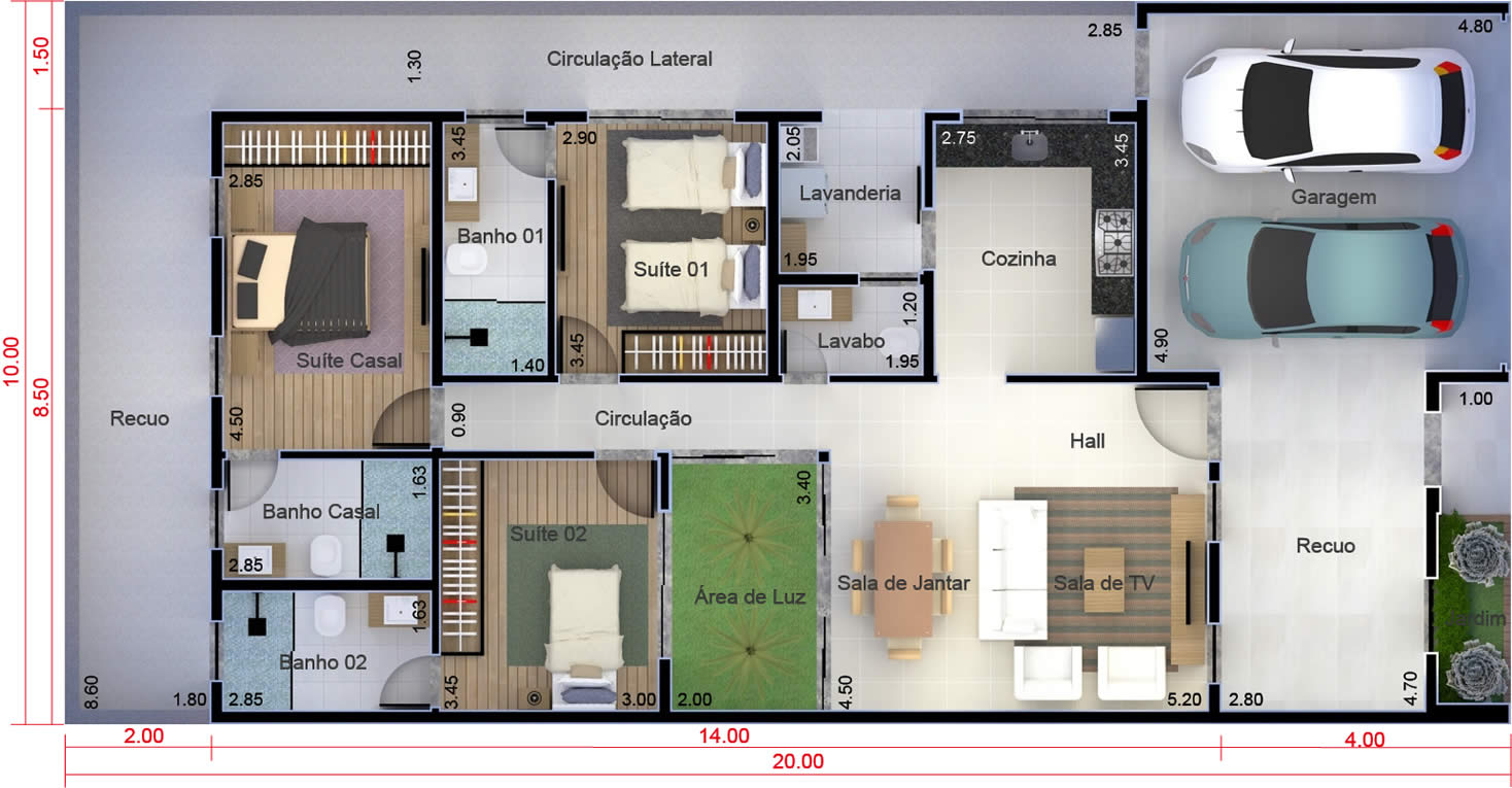 Planta de casa térrea com 3 suítes. Planta para terreno 10x20