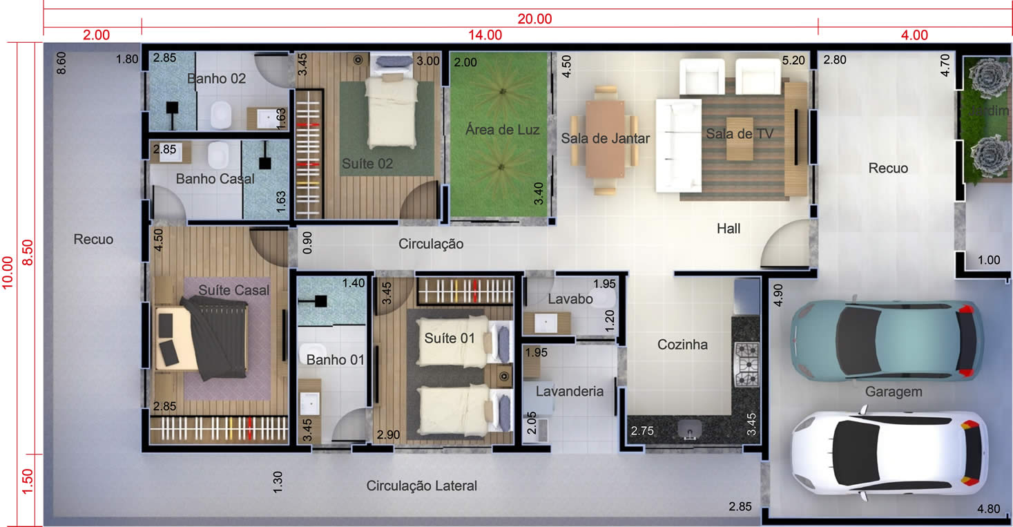 Planta de casa térrea com 3 suítes. Planta para terreno 10x20