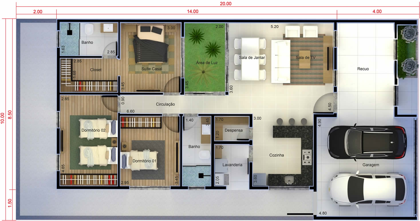 Planta de casa térrea com suite e closet. Planta para terreno 10x20