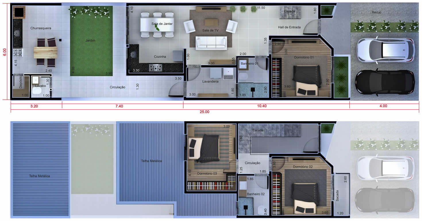 Planta de sobrado com quarto no térreo. Planta para terreno 6x25