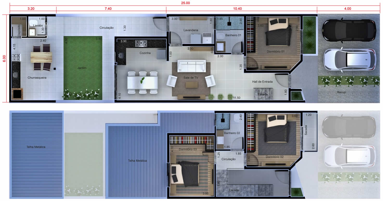 Planta de sobrado com quarto no térreo. Planta para terreno 6x25