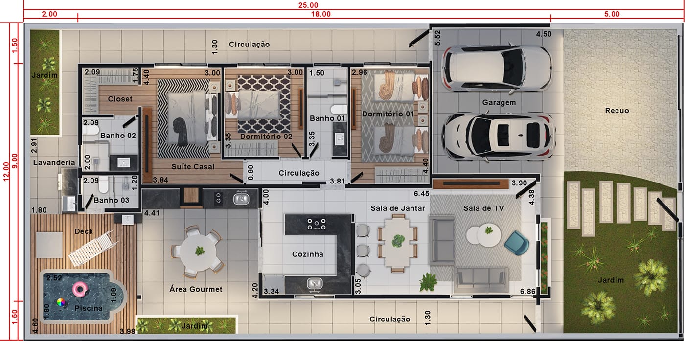 Planta de casa com muro de vidro. Planta para terreno 12x25