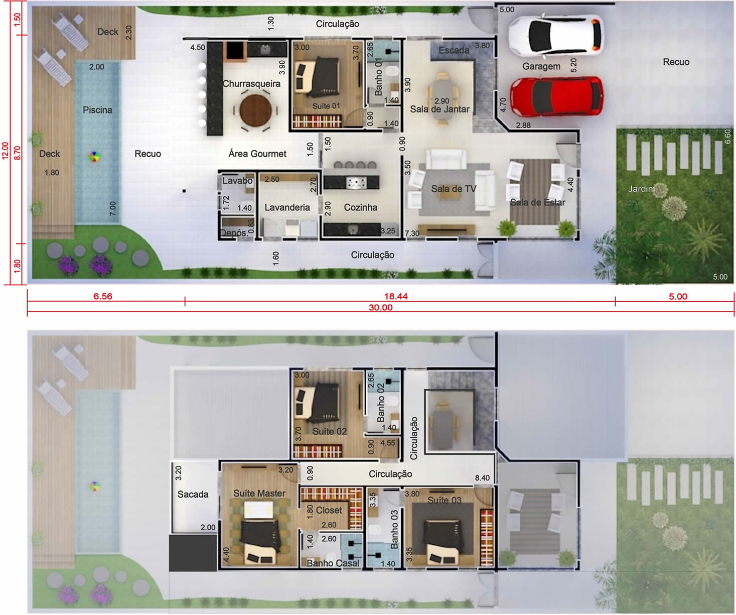 Planta de sobrado com quarto no térreo. Planta para terreno 12x30