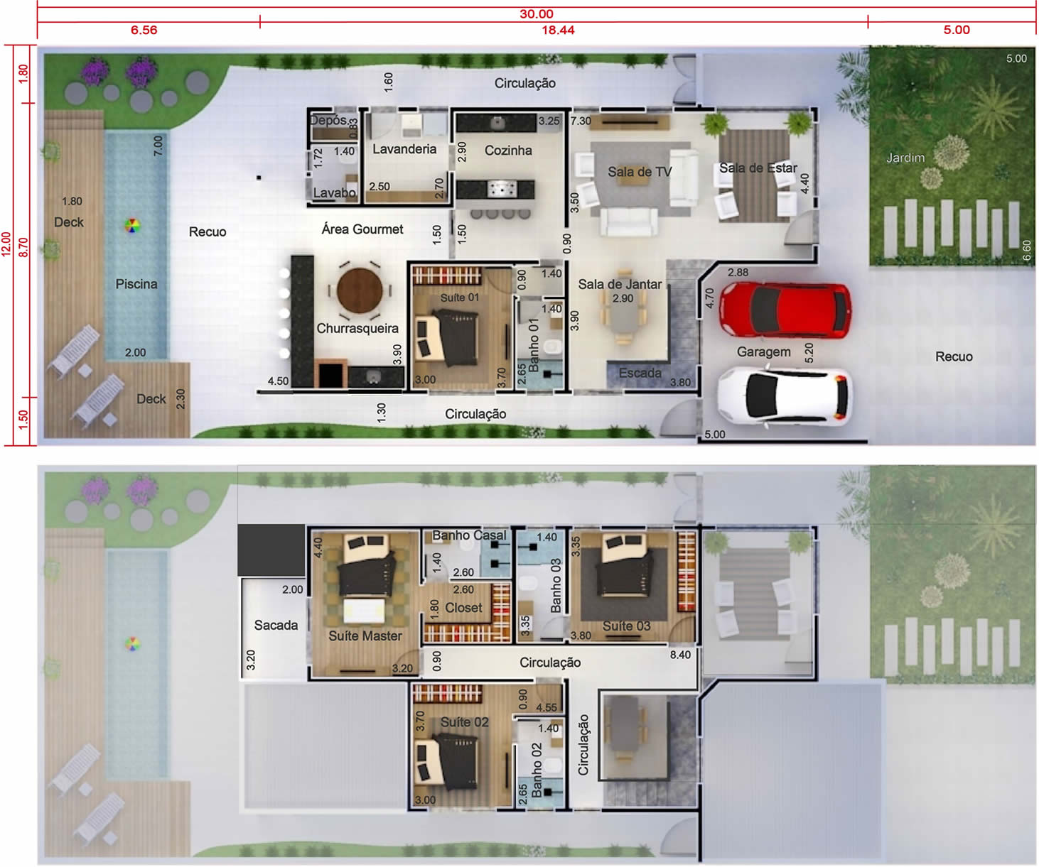 Planta de sobrado com quarto no térreo. Planta para terreno 12x30