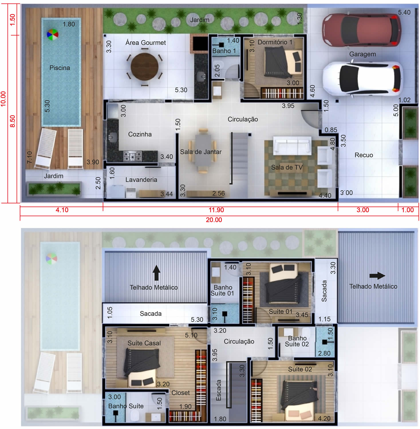 Planta de sobrado com 4 quartos. Planta para terreno 10x20