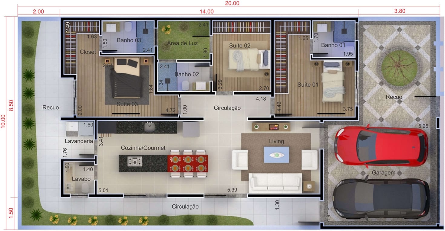 Planta de casa térrea com 3 suítes. Planta para terreno 10x20