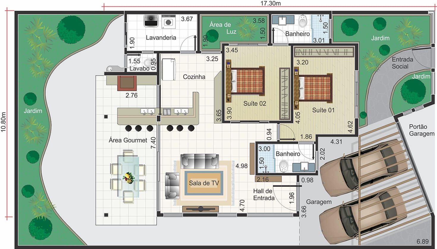 Planta de casa Moderna com área gourmet. Planta para terreno 12,50x25