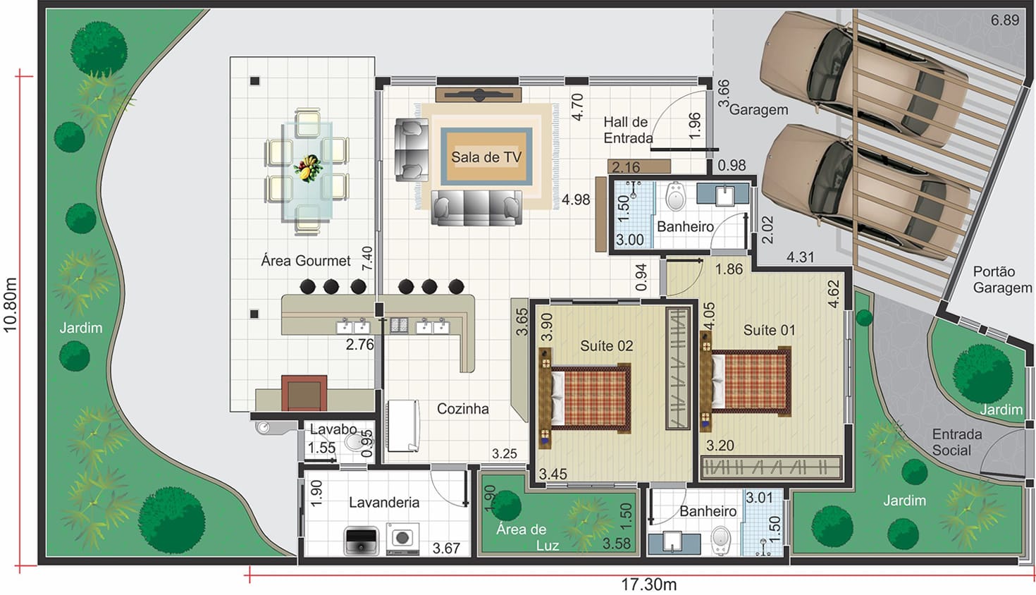 Planta de casa Moderna com área gourmet. Planta para terreno 12,50x25