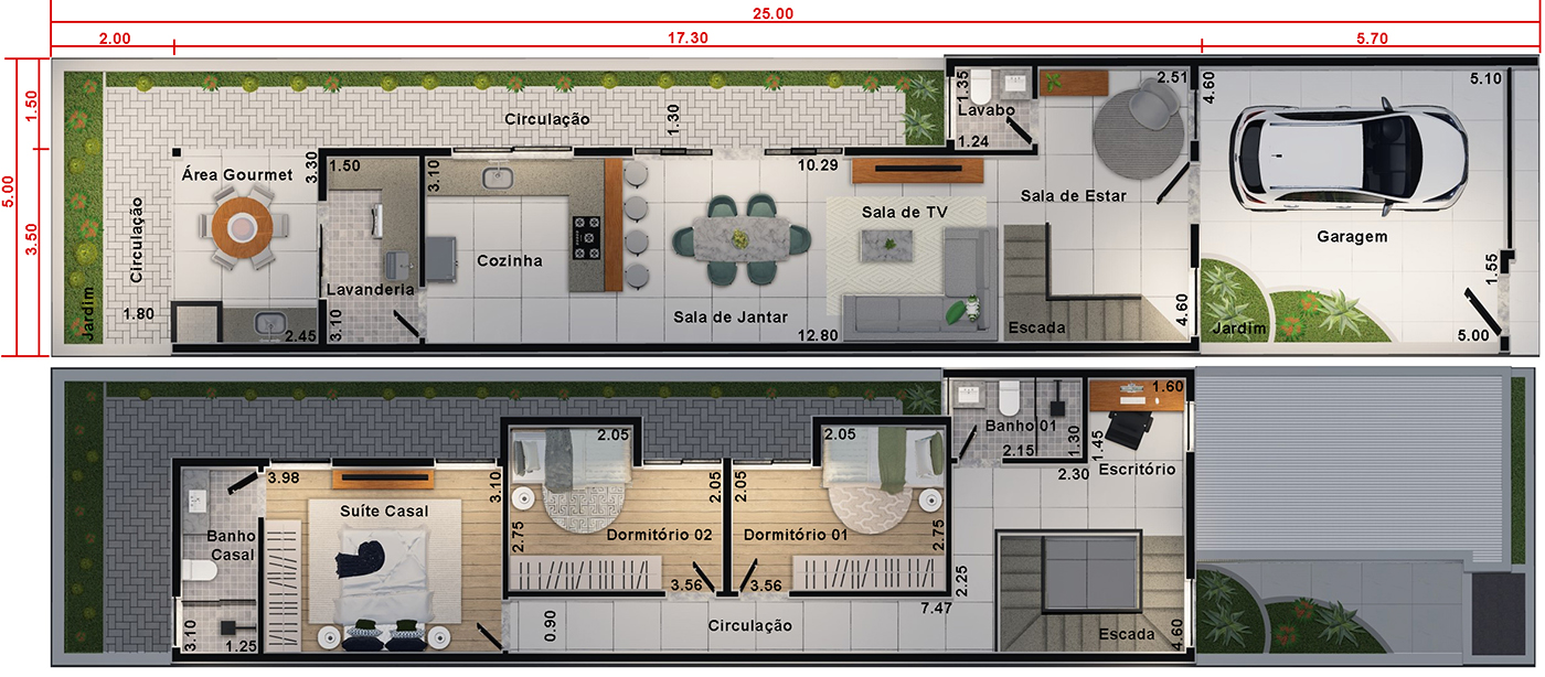 Planta de sobrado com 5 metros de frente. Planta para terreno 5x25