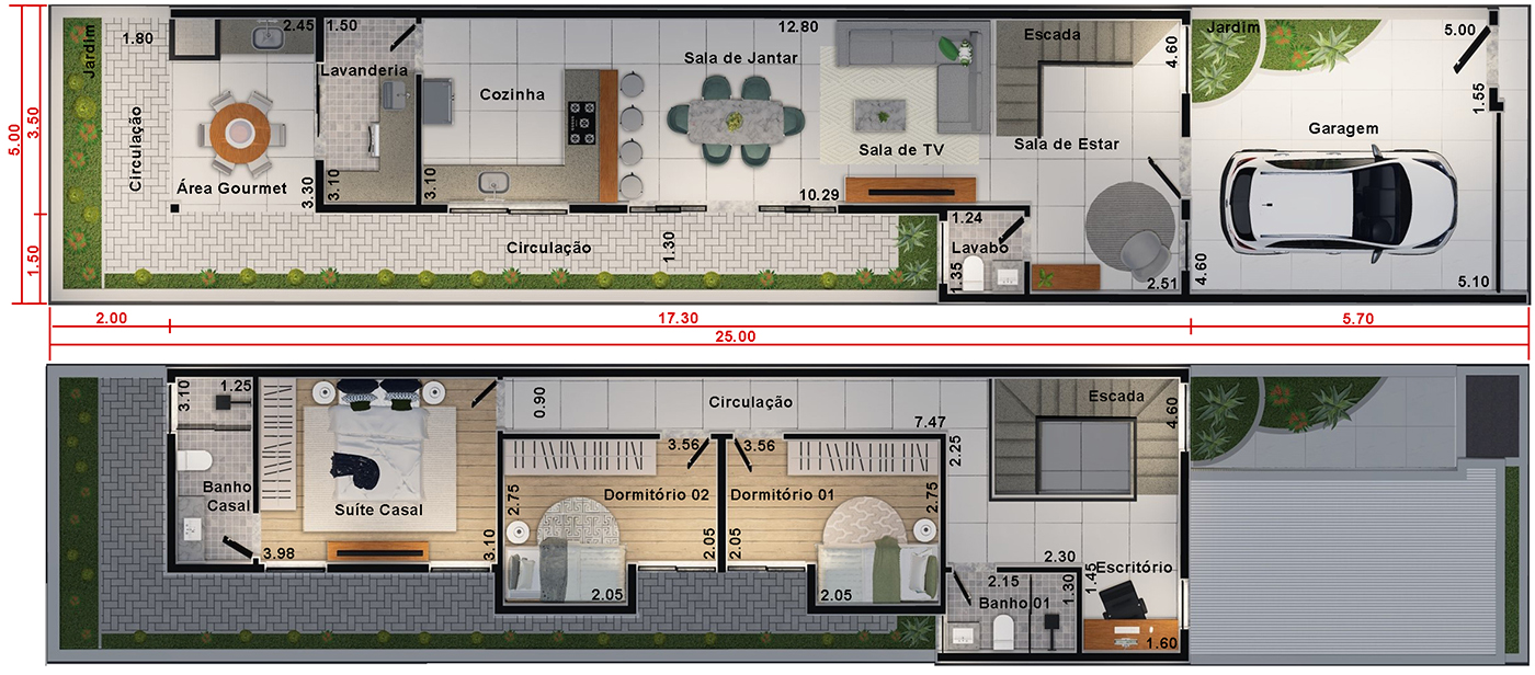 Planta de sobrado com 5 metros de frente. Planta para terreno 5x25