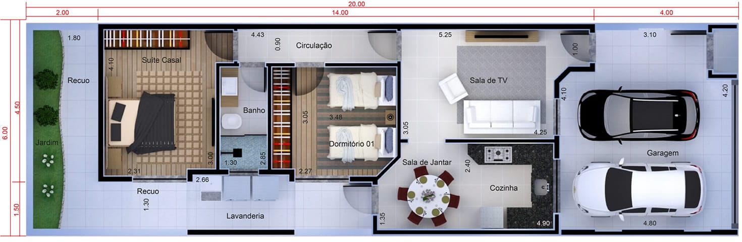 Planta de casa com cozinha fechada. Planta para terreno 6x20